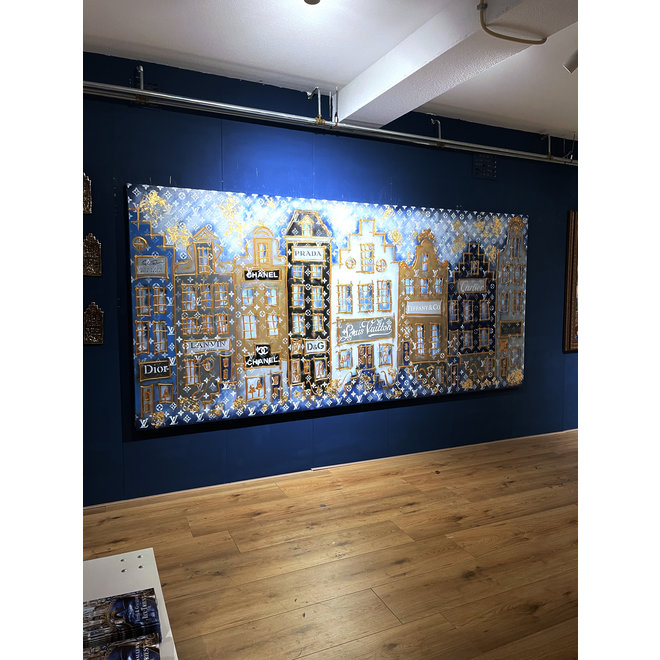 XXL Painting  - 140x300 cm - Luxury Amsterdam LV in blue and Gold Designer shops
