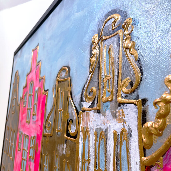 Schilderij- 100x150cm - Rick Triest - Amsterdam Herengracht -Pink NEON & Gold - Sky blue