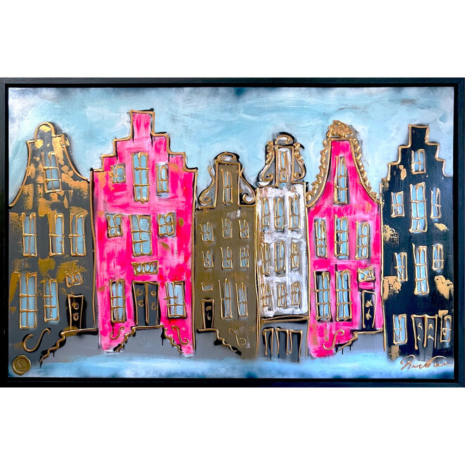 Painting- 100x150cm - Rick Triest - Amsterdam Herengracht -Pink NEON & Gold - Sky blue