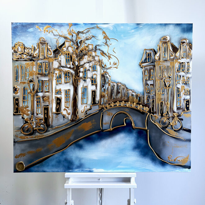 Painting- 100x120cm - Amsterdam Herengracht -Sky Blue & Gold