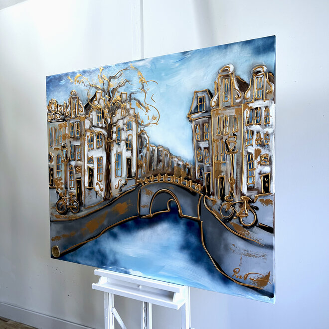 Schilderij- 100x120cm - Rick Triest - Amsterdam Herengracht -Sky Blue & Gold