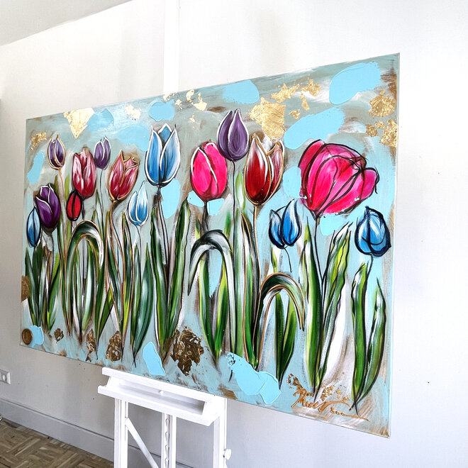 Painting  - 100x150 cm -Rick Triest - Colorful Series - Tulp Mania - Tulip Dream With Gold #3
