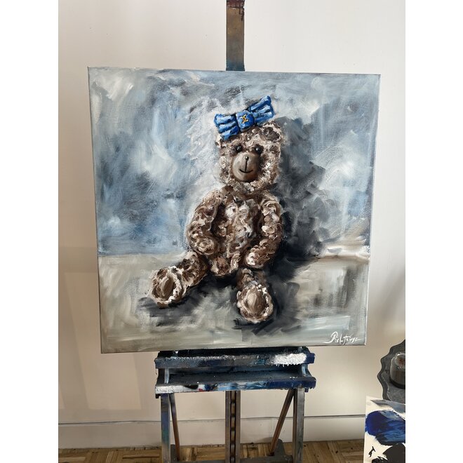 Olieverf schilderij- 80x80 cm -Rick Triest -Lady Bobby de teddybeer - Classic Lady Bobby with Chanel bow