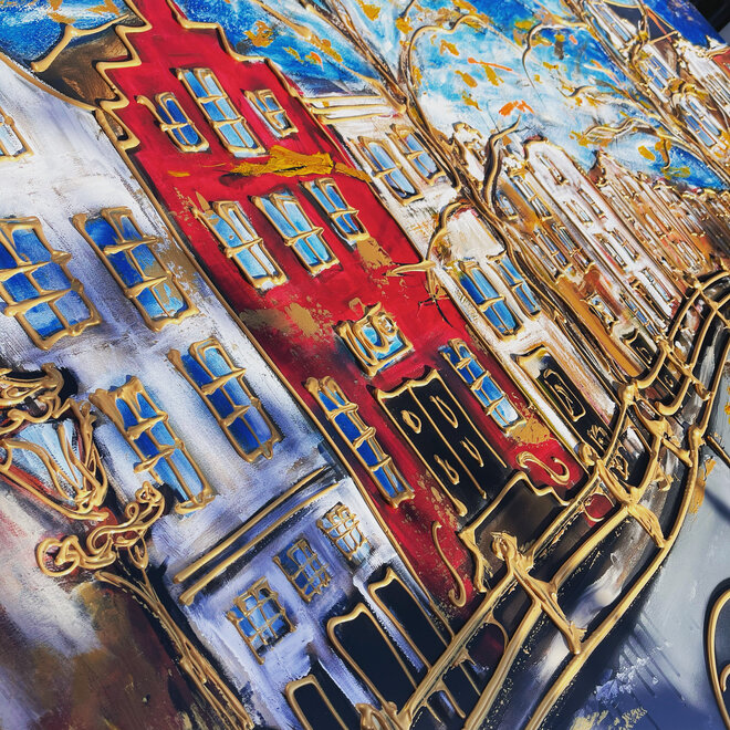 Painting- 140x180cm - Rick Triest - Amsterdam Prinsengracht -Prussian Blue & Gold - Ruby Red