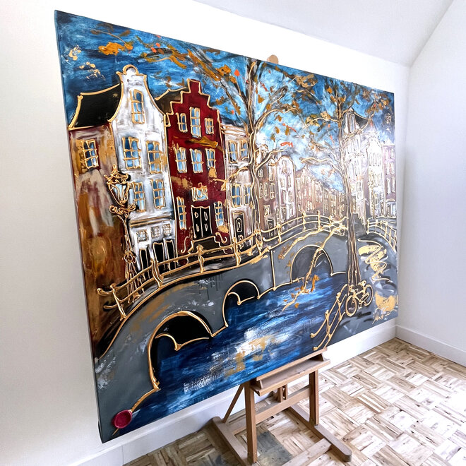 Painting- 140x180cm - Rick Triest - Amsterdam Prinsengracht -Prussian Blue & Gold - Ruby Red