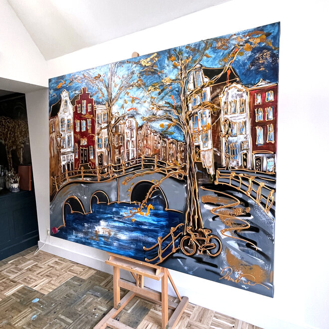 Painting- 140x180cm - Rick Triest - Amsterdam Prinsengracht -Prussian Blue & Gold - Ruby Red