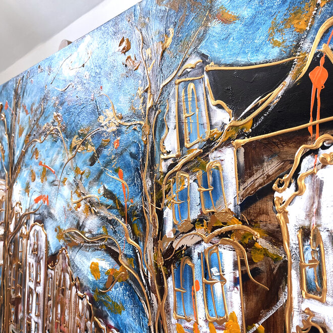 Painting- 140x180cm - Rick Triest - Amsterdam Prinsengracht -Prussian Blue & Gold - Ruby Red