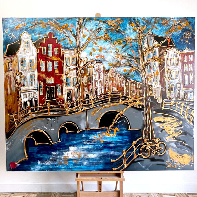 Schilderij- 140x180 cm - Amsterdam Prinsengracht -Prussian Blue & Gold - Ruby Red