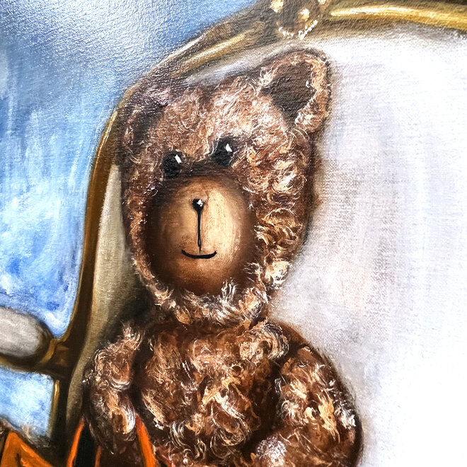 Olieverf schilderij- 80x100 cm -Rick Triest -Sir Bobby de teddybeer -  ‘’Lady Bobby  met haar Hermes Birkin  bag'’
