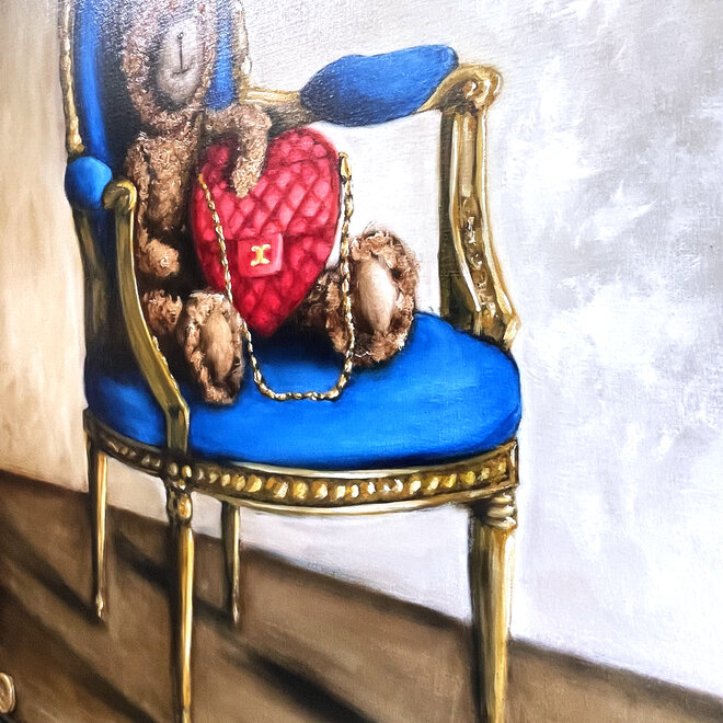 Oil Painting - Rick Triest - 80x100 cm - Sir Bobby the Teddybear - Lady Bobby  met haar Chanel heart bag