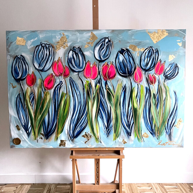 Schilderij -100x150 cm -Colorful Series - Tulp Mania - Tulip Dream With Gold - #2