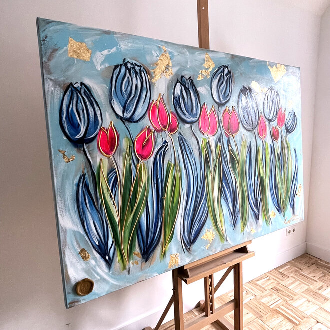 Painting  - 100x150 cm -Rick Triest - Colorful Series - Tulp Mania - Tulip Dream With Gold #2