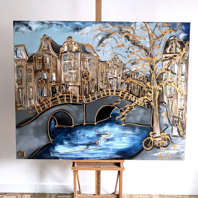 Schilderij- 120x150cm - Rick Triest - Amsterdam Keizersgracht -Denim Blue & Gold