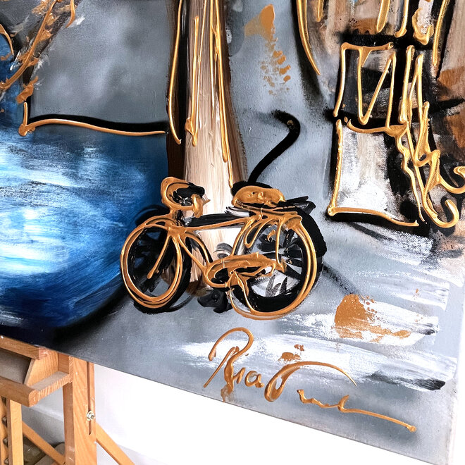 Painting- 120x150cm - Rick Triest - Amsterdam Keizersgracht -Denim Blue & Gold