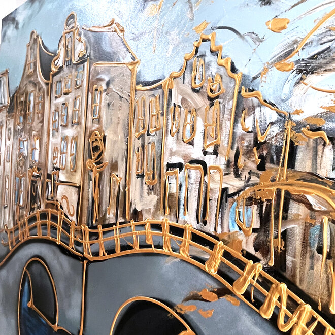 Painting- 120x150cm - Rick Triest - Amsterdam Keizersgracht -Denim Blue & Gold