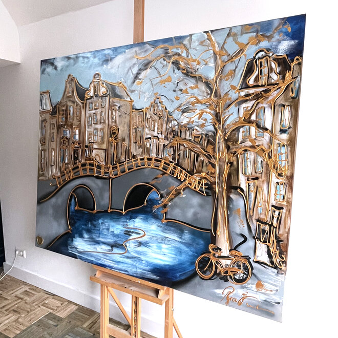 Painting- 120x150cm - Rick Triest - Amsterdam Keizersgracht -Denim Blue & Gold