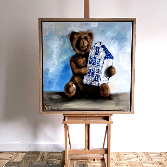 Olieverf schilderij- 80x80 cm -Rick Triest -Bobby de teddybeer - Classic  Bobby with Delft Canalhouse