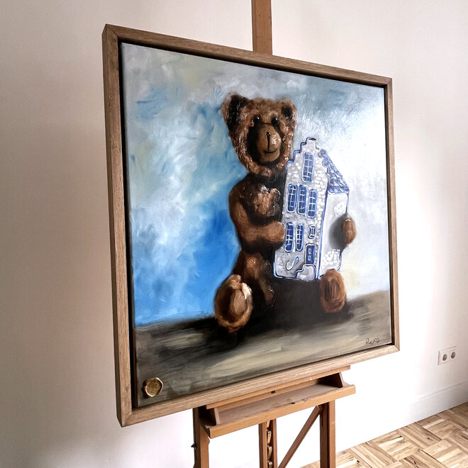 Olieverf schilderij- 80x80 cm -Rick Triest -Bobby de teddybeer - Classic  Bobby with Delft Canalhouse