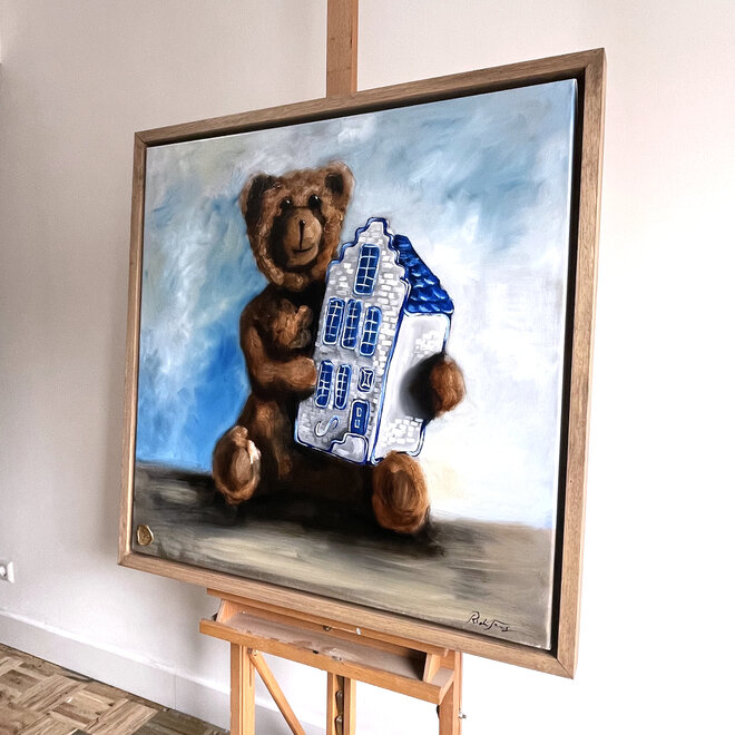 Olieverf schilderij- 80x80 cm -Rick Triest -Bobby de teddybeer - Classic  Bobby with Delft Canalhouse