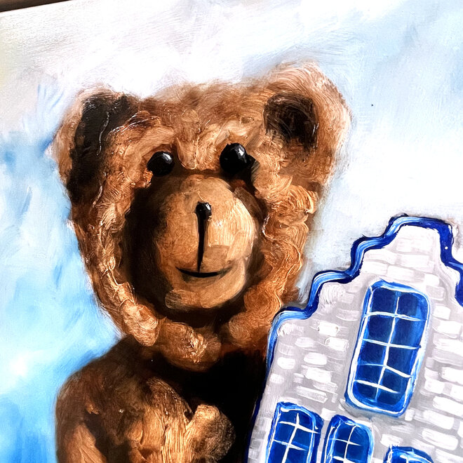 Olieverf schilderij- 80x80 cm -Rick Triest -Bobby de teddybeer - Classic  Bobby with Delft Canalhouse