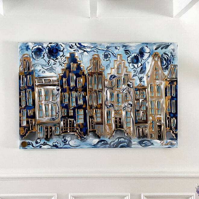 Schilderij- 100x150cm - Rick Triest - Amsterdam Herengracht -Blue & Gold - Delft Blauw