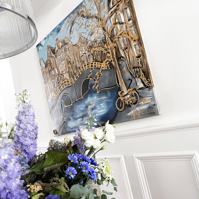 Painting- 120x150cm - Rick Triest - Amsterdam Keizersgracht -Denim Blue & Gold