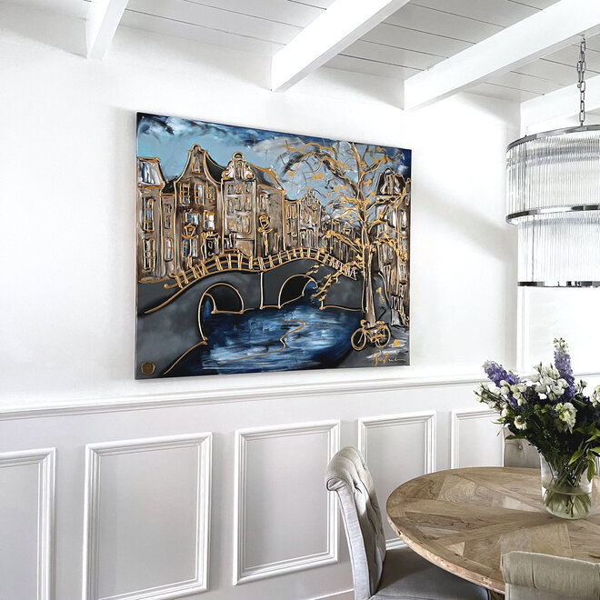 Painting- 120x150cm - Rick Triest - Amsterdam Keizersgracht -Denim Blue & Gold