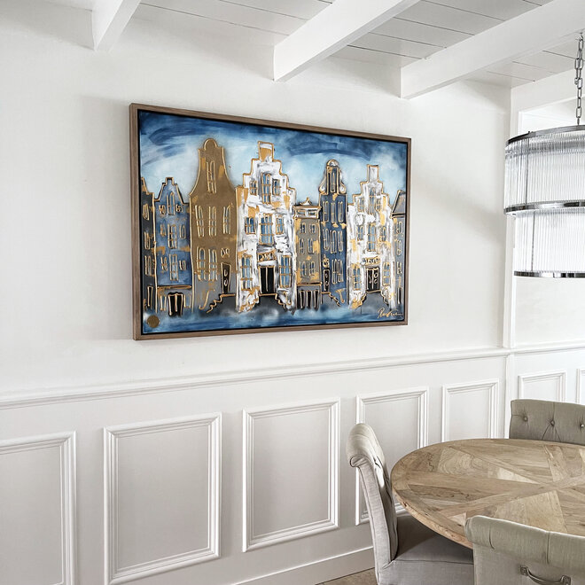 Schilderij- 100x150cm - Amsterdam Herengracht -Blue & White