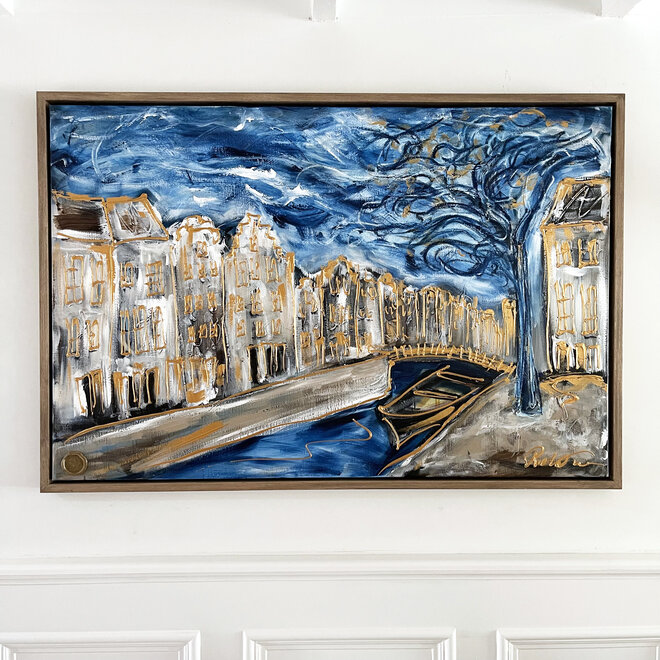 Schilderij- 100x150cm - Amsterdam Herengracht -Blue & Gold #89