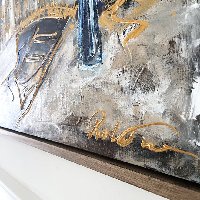 Schilderij- 100x150cm -Rick Triest - Amsterdam Herengracht -Blue & Gold #89