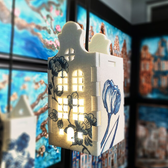 BRUUT'D by Rick Triest - ARTIFELT - Hanglampje - Grachtenpand klokgevel - bloemen delfts blauw