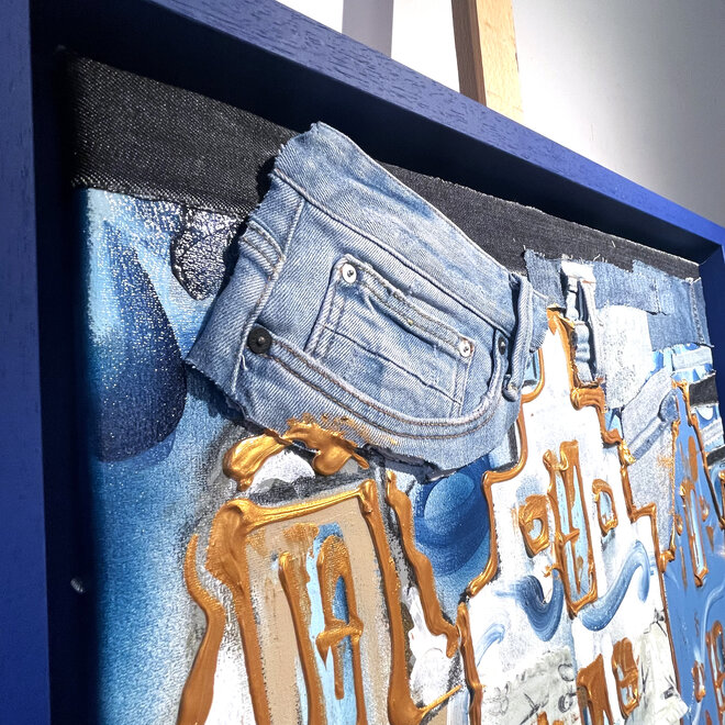 Painting- 60x80 cm - Rick Triest - Amsterdam denim jeans Series- Grachtengordel Blue & Gold #2