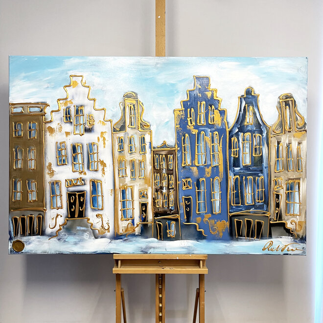 Schilderij- 100x150cm - Amsterdam Herengracht -Sky Blue & White