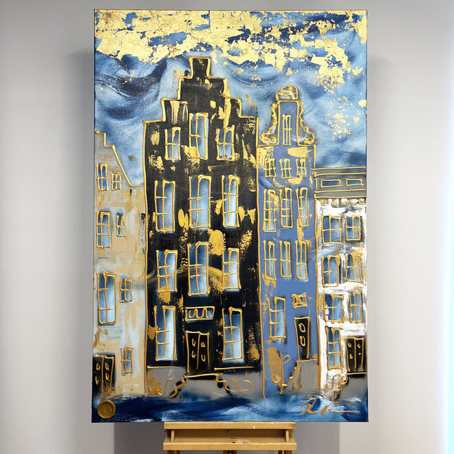 Schilderij- 100x150cm - Rick Triest - Amsterdam Herengracht -Blue & Gold #137