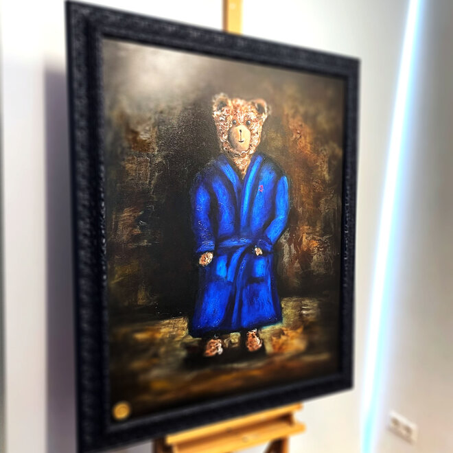 Oil painting - Rick Triest - 80x100 cm - Sir Bobby the Teddybear - Sir Bobby in Bathrobe - Lapiz Lazulli