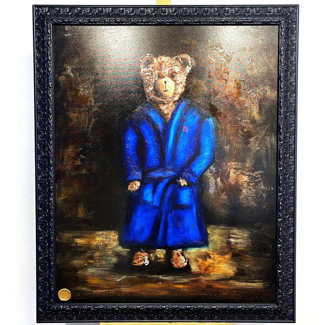 Oil painting - Rick Triest - 80x100 cm - Sir Bobby the Teddybear - Sir Bobby in Bathrobe - Lapiz Lazulli