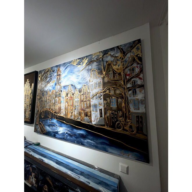 Schilderij- Rick Triest - 120X180cm - Amsterdam Herengracht - Prussian blue