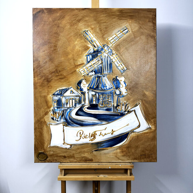 Painting  -80x100 cm - Rick Triest - Tulp Mania - windmill in delft blue