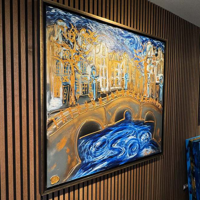 Painting- 120x120 cm - Rick Triest - Amsterdam Keizersgracht -  Sky Blue & Gold