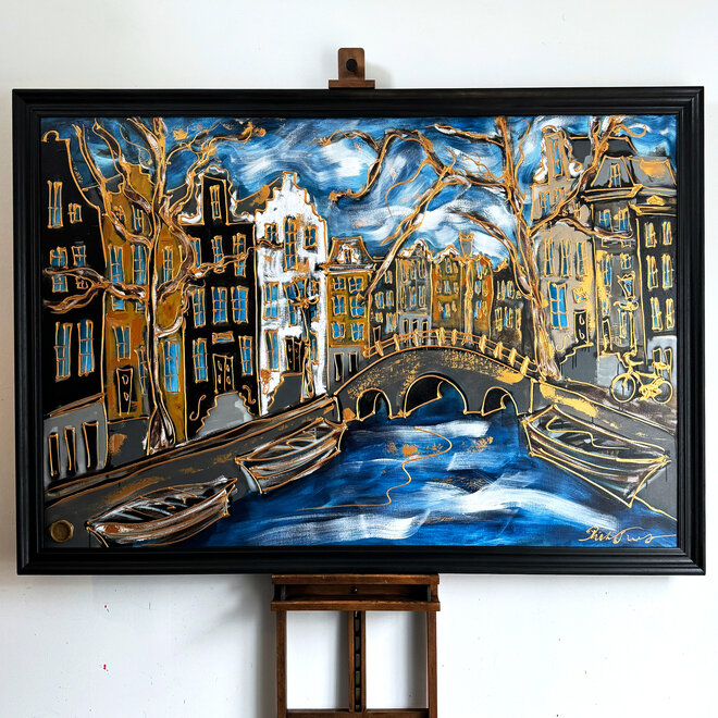 Schilderij-120X180cm - Amsterdam Herengracht - Prussian blue - XL