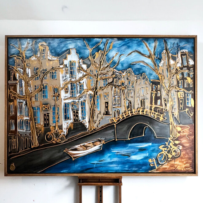 Schilderij- 140x200 cm - Amsterdam Prinsengracht -Prussian Blue & Gold
