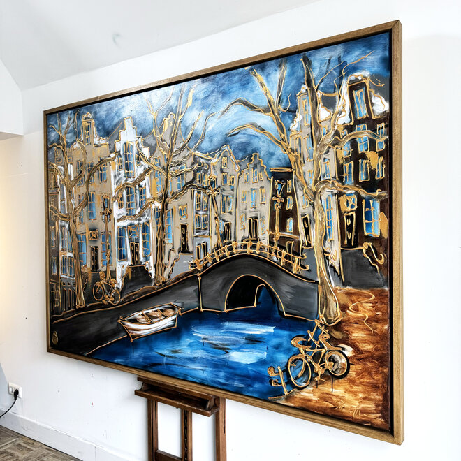 Schilderij- 140x200cm - Rick Triest - Amsterdam Prinsengracht -Prussian Blue & Gold