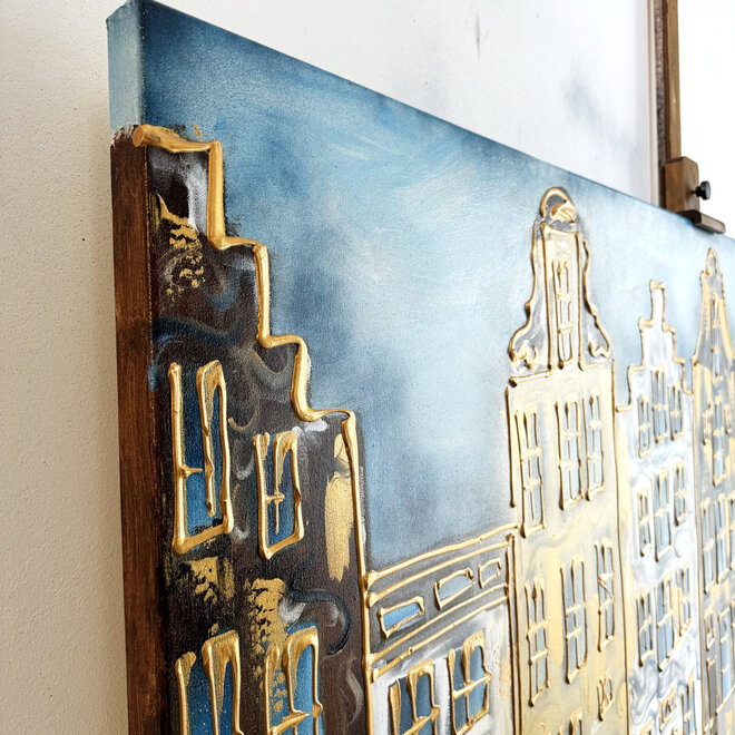 Schilderij- 100x200cm - Rick Triest - Amsterdam Herengracht - Blue & Gold -XXL