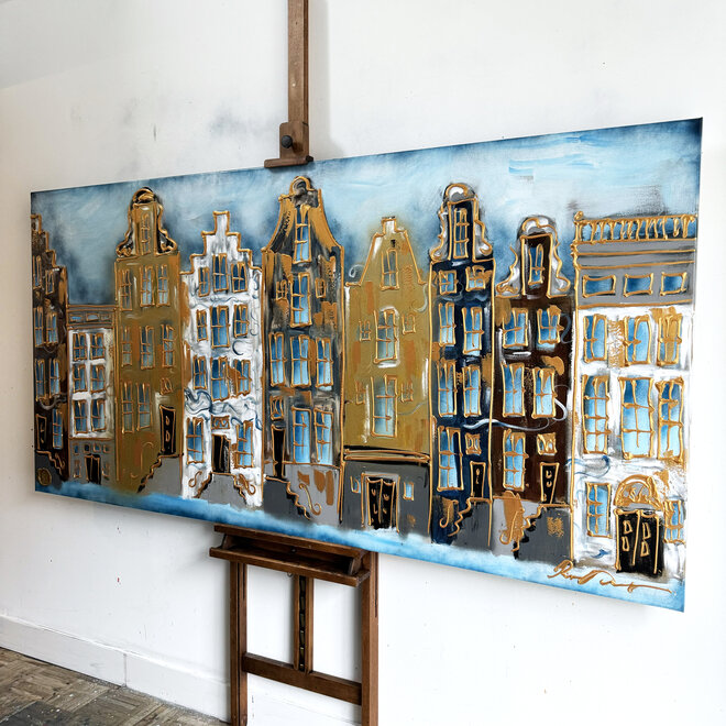 Painting- 100x200cm - Rick Triest - Amsterdam Herengracht - Blue & Gold -XXL
