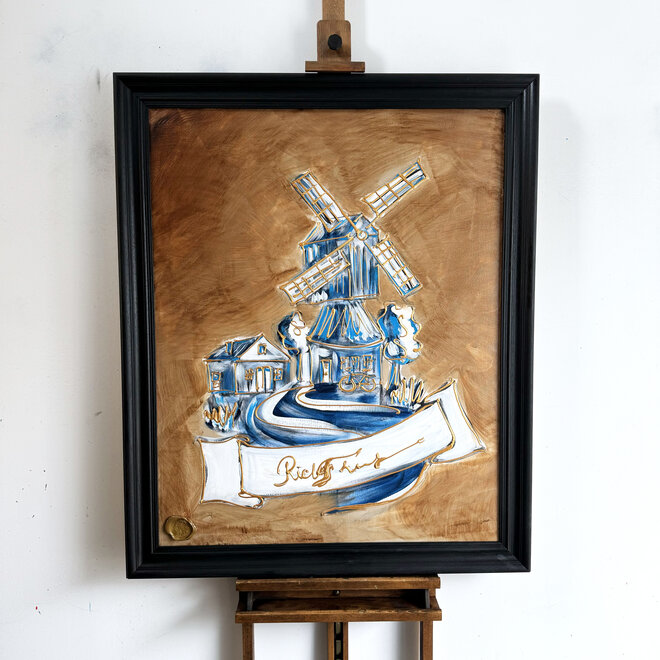 Painting  -80x100 cm - Tulp Mania - windmill in delft blue