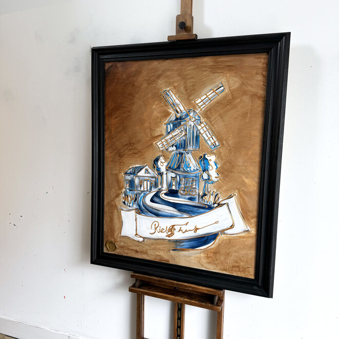 Painting  -80x100 cm - Rick Triest - Tulp Mania - windmill in delft blue