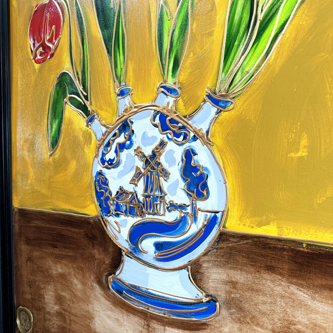 Painting  -80x100 cm - Rick Triest - Tulp Mania - Tulip stil life with delft blue vase  #4