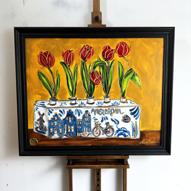 Painting  -80x100 cm - Tulp Mania - Tulip stil life with delft blue vase  #3