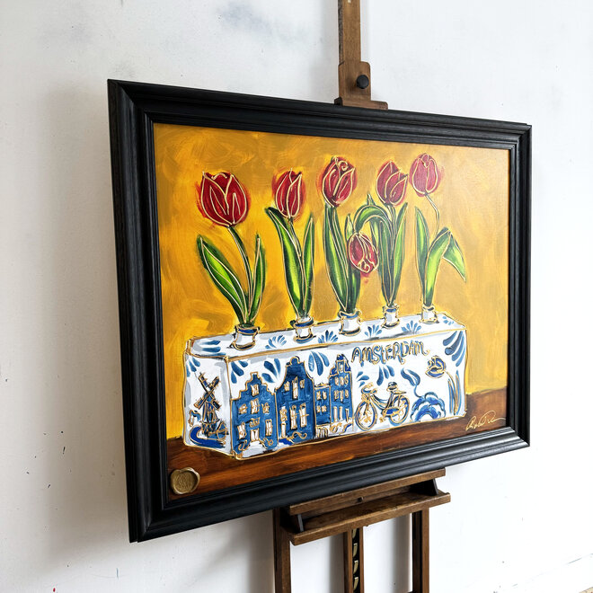 Painting  -80x100 cm - Rick Triest - Tulp Mania - Tulip stil life with delft blue vase  #3