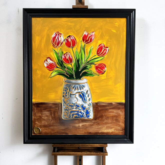 Schilderij -80x100 cm - Tulp Mania - Tulip stil life with delft blue vase  #2